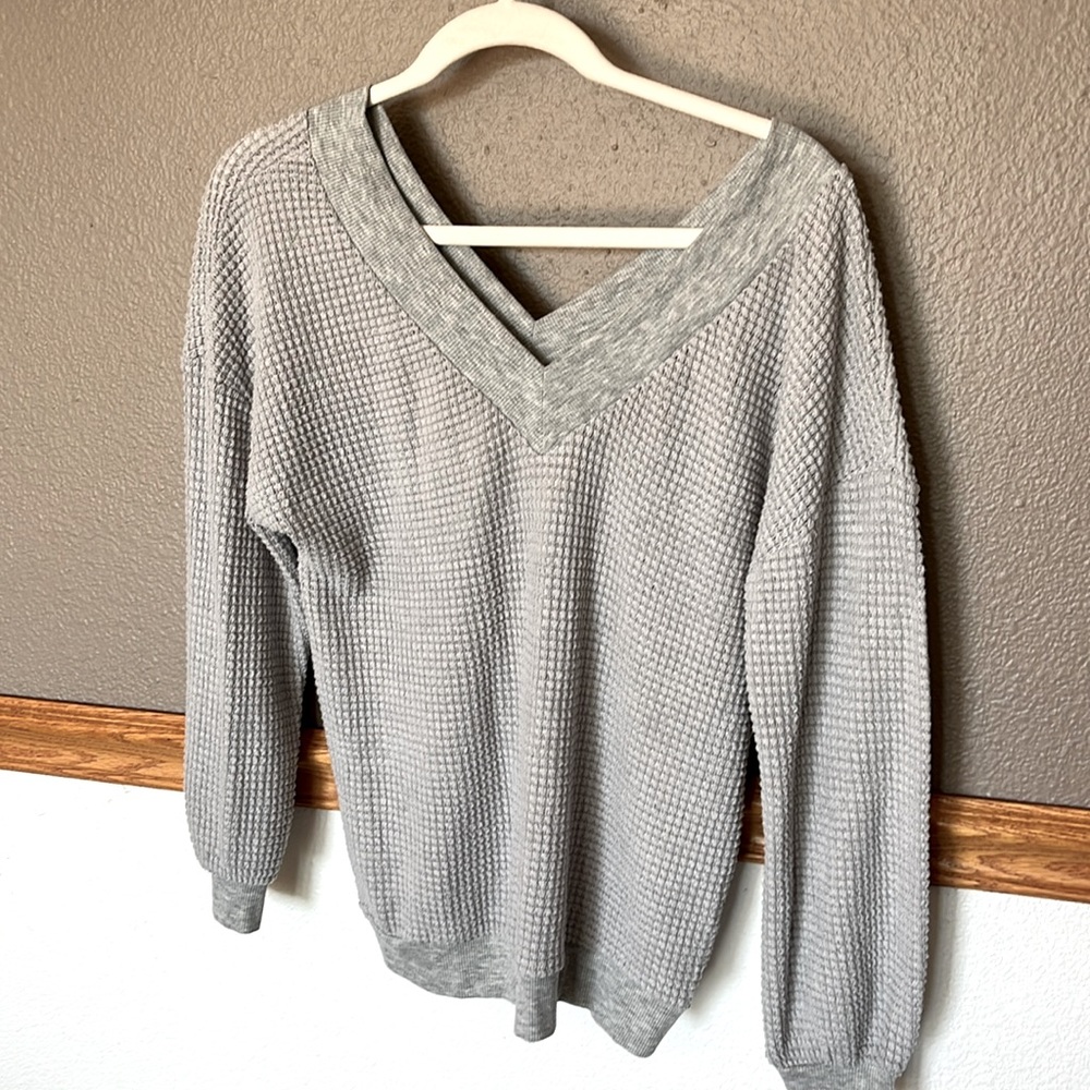 Off the shoulder light waffle knit top